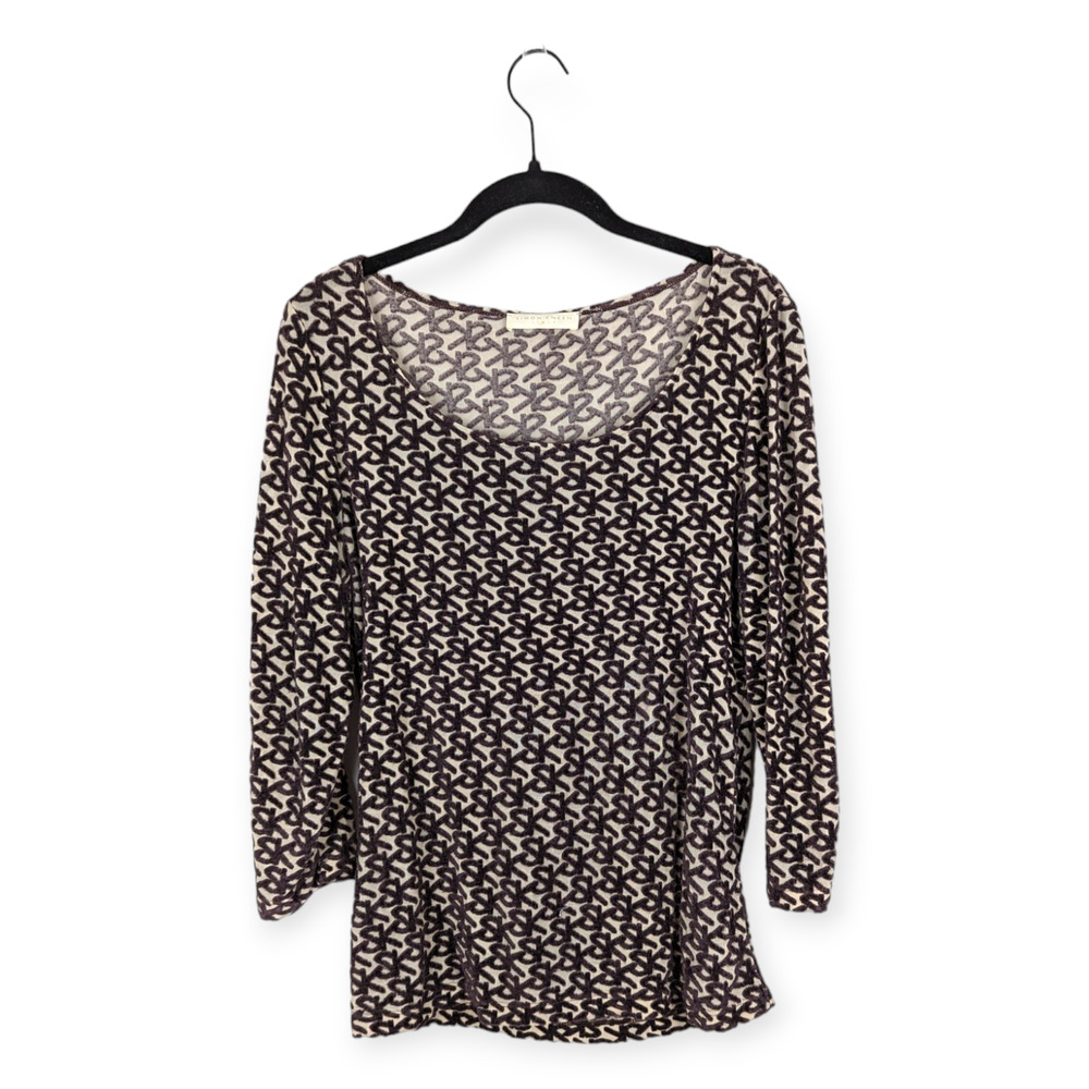 Vintage Simon Kneen Nude Sheer Mesh Velvet Purple Logo Pattern 3/4 Sleeve Blouse